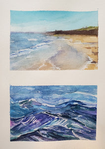 Two watercolour pictures on on page. Soft beach colours and a deep blue sea. It prints as you see it.